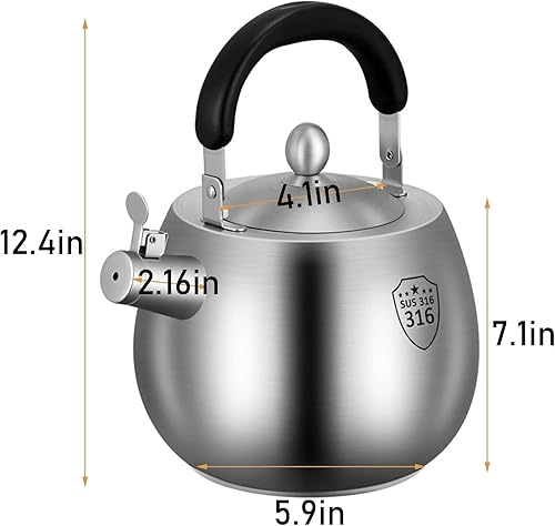 Miniatura 6 de Hervidor de té, hervidor de té resistente, tetera silbante, tetera de acero inoxidable 316, parte inferior sin costuras, mango plegable, acabado