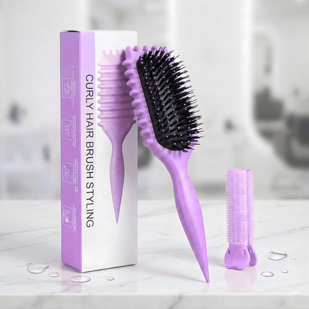 Cepillo definidor de rizos con clip para cabello rizado mojado, cepillo para desenredar el cabello rizado morado para control de encrespamiento y rizos definidos, cepillo de rizo Bewelio