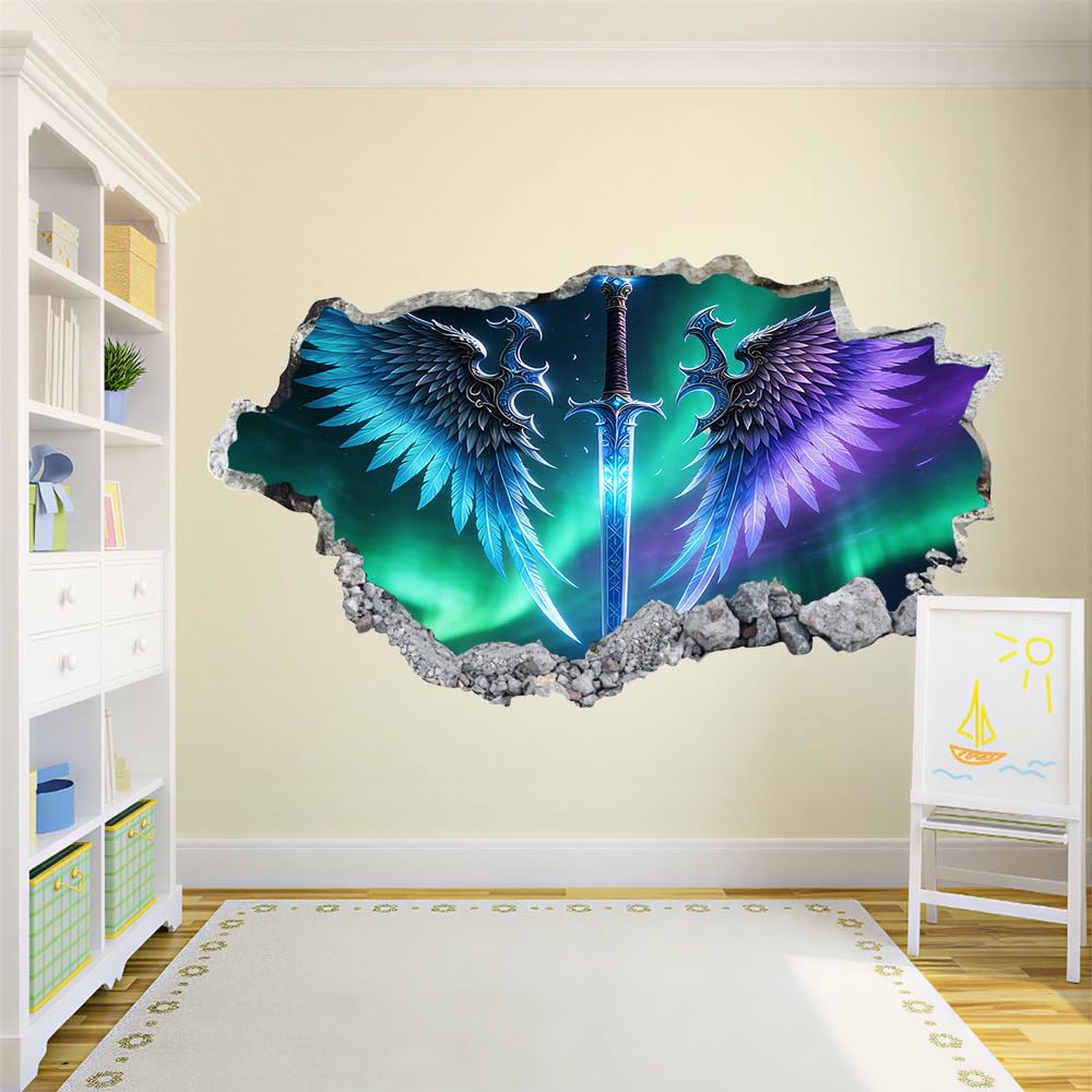 Decorazione da parete 3D, Ali Blu-Viola Stanza dell'autoadesivo della parete smontabile Spada Aurora per bambini Nursery Decorazioni