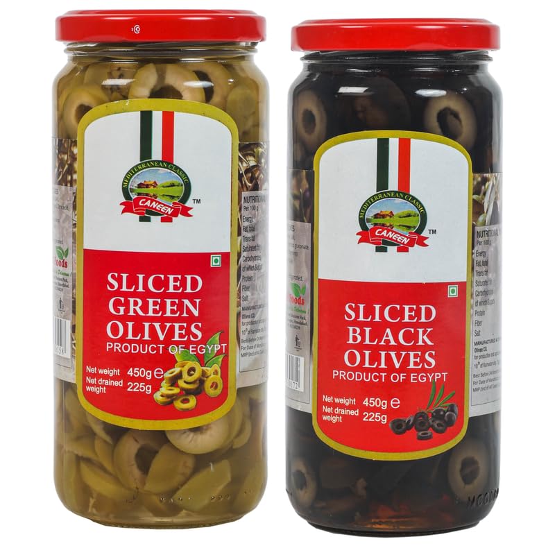 CANEEN Sliced Green Olives, Sliced Black Olives | Authentic Taste | Use in Cooking, Garnishing, Pizzas toppings, eat raw | Combo Pack of 2 Bottles (450g x 2 Bottles) (B0DGF62RHD) Amazon Price History, Amazon Price Tracker
