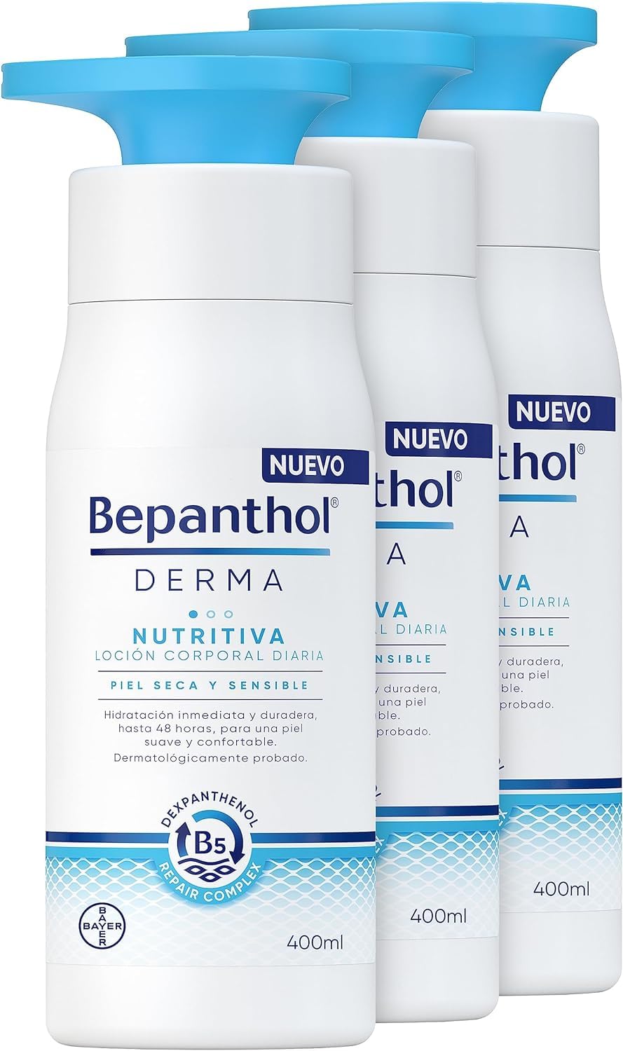 Bepanthol Derma Nutritiva Loción Corporal, Hidratación Inmediata Y Duradera Para La Piel Seca Y Sensible, Uso Diario, 3 x 400 ml (1,2 litros)