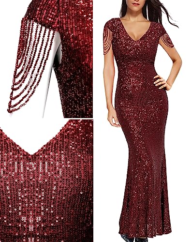 Image of Women 1920s Plus Size Formal Dress Tassels Sleeve Sequins Gatsby Maxi Evening Gown