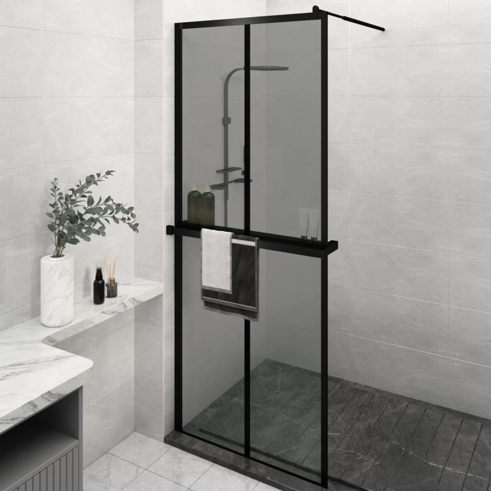 Mampara Ducha con Estante Vidrio ESG y Aluminio Negro 80x195 cm, Mampara Bañera, Mampara Baño Ducha, Cabina De Ducha, Mampara Baño - 3185453
