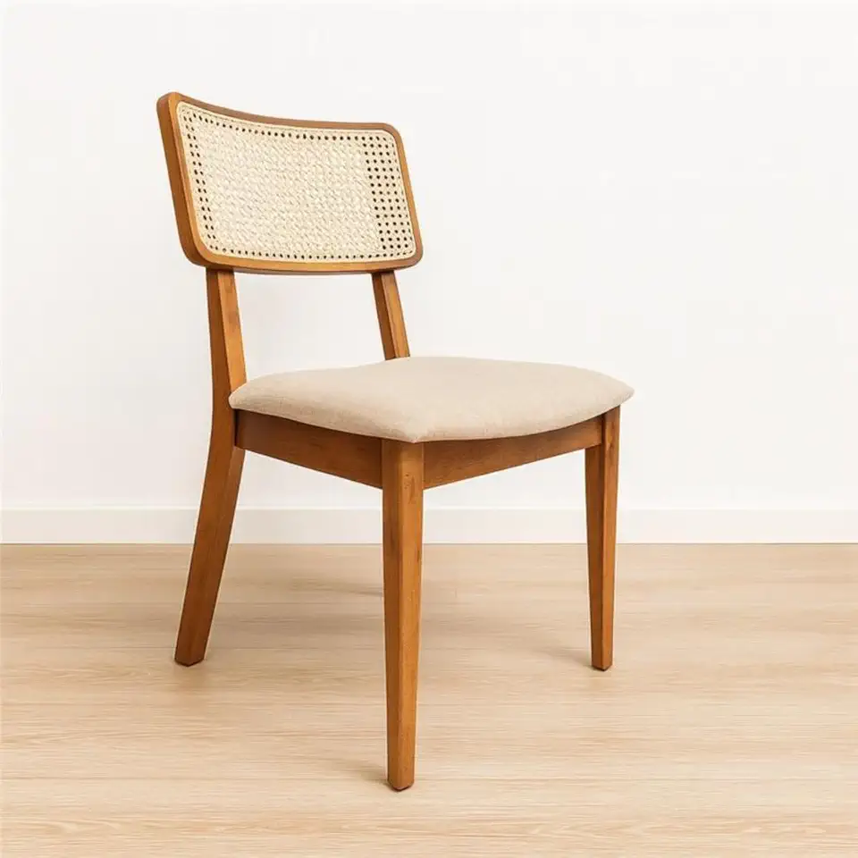 Cadeira de Jantar Madeira Maciça Estofada em Linho Bege Claro Encosto Rattan - Lilia