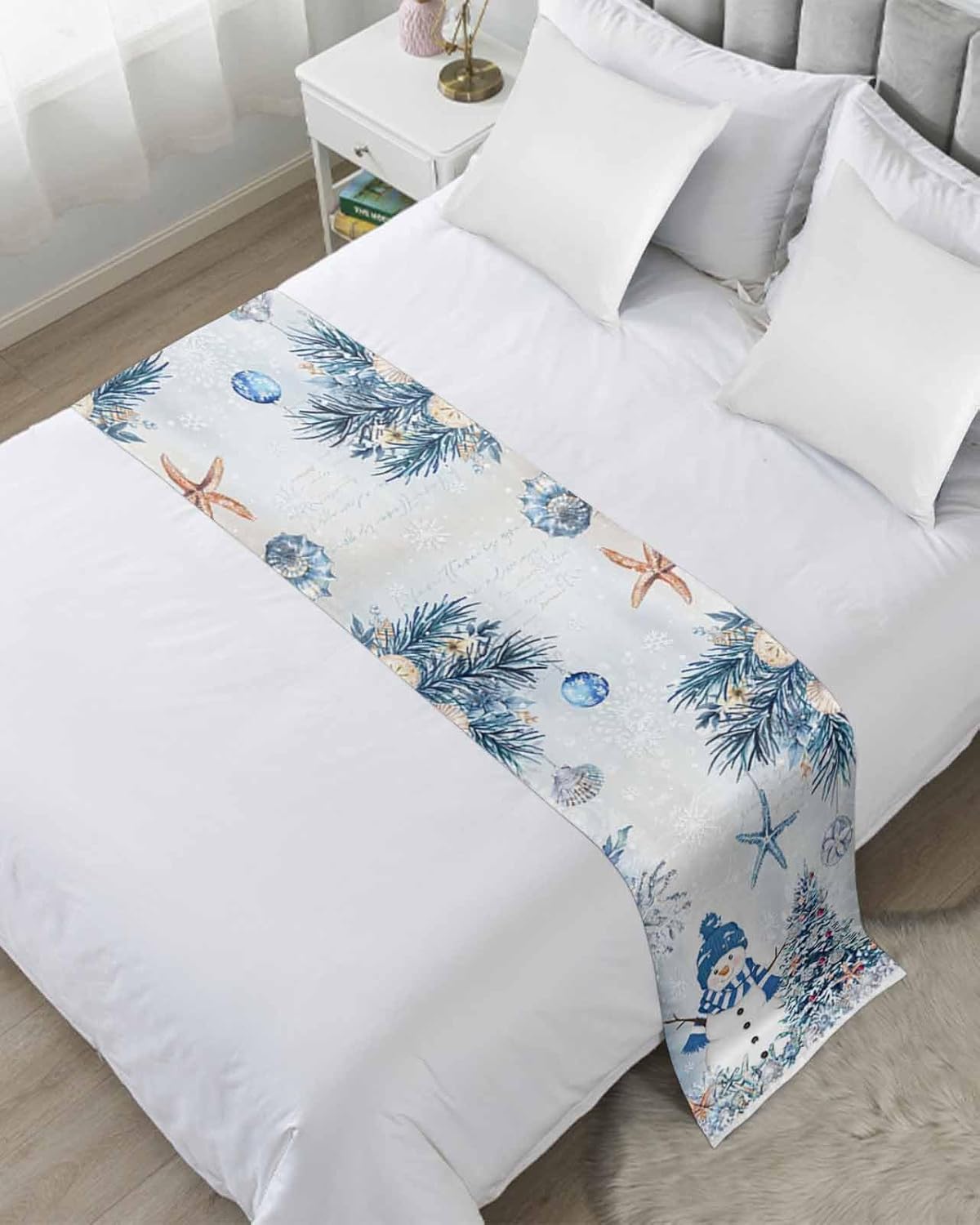 DecorLovee Blue Coastal Christmas Bed Runners for Cal King Size Bed, Decorative Bed Throws for Foot of Bed, Xmas Tree Nautical Starfish Bed Runner Sofa Throw Bedding Scarf Slipcover for Bedroom