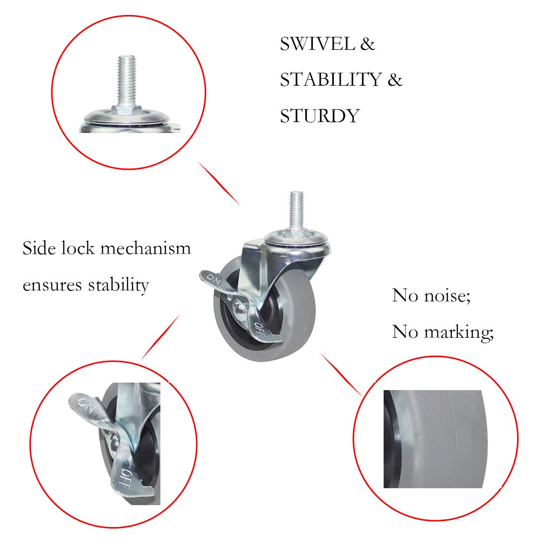 Caster Wheels, 3 Inch Heavy Duty Casters Threaded Stem Casters No Noise Swivel Casters Set of 4 Locking Castor Wheels for Funiture, Workbench, Carts (Metric Size M10-1.50×25mm): Industrial & Scientific