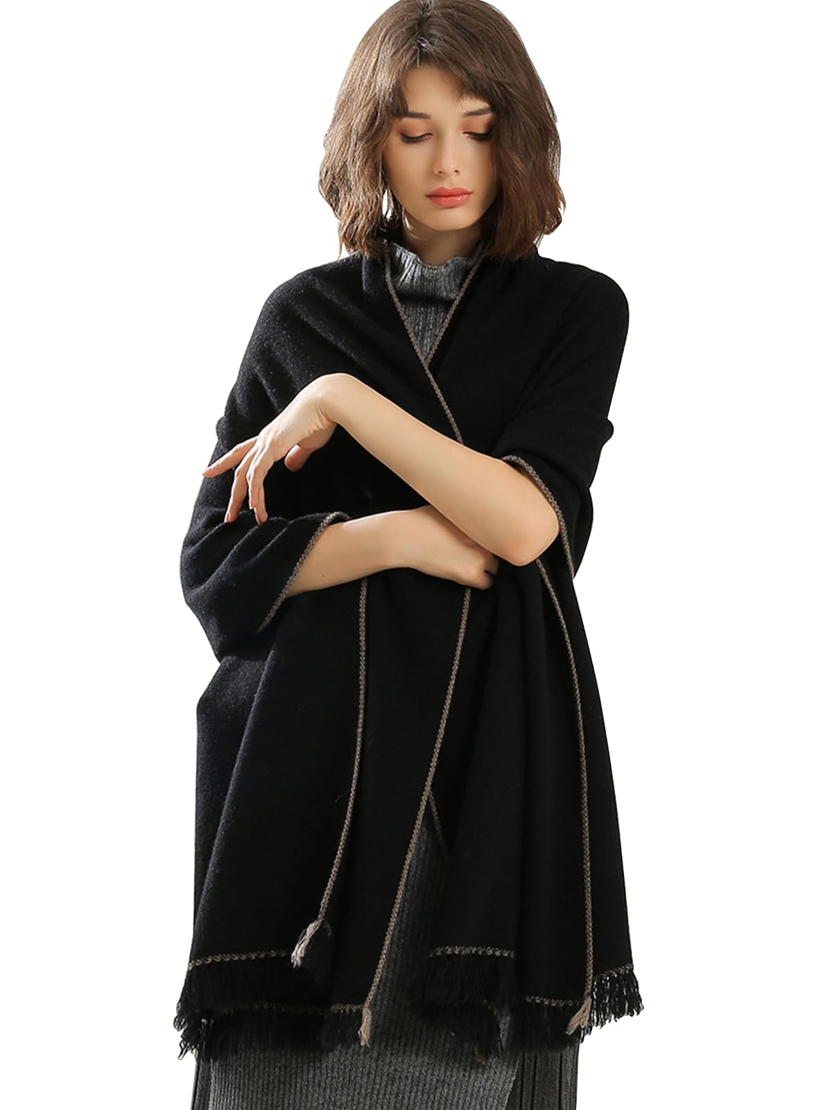 Donna Sciarpa Scialle Caldo di Lana con Nappa, Moda Lungo Grande Sciarpe Stole Sciarpa Coperta, 100% Lana Invernale Sciarpe Scialli per Sera Matrimonio Viaggi, Autunno Inverno Regalo Black F
