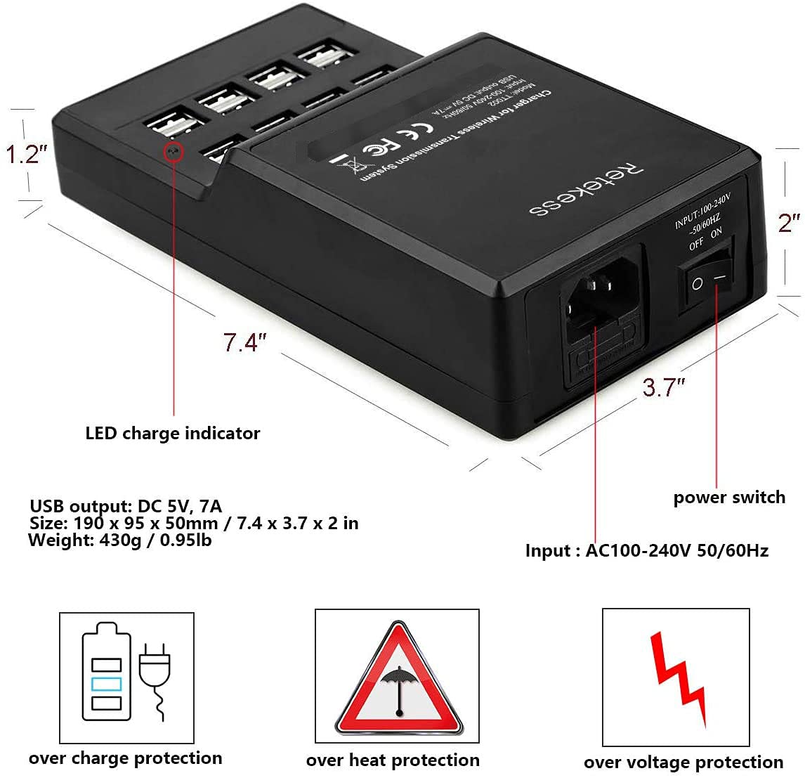 Retekess T130 Station de Charge USB, Portable 16 Ports USB Intelligents pour Système de Guide Touristique sans Fil Retekess T130, T130S, T130P, T130U, TT122, TT105, TT126, TT127, TT106