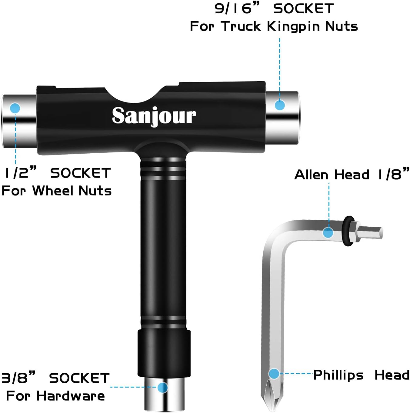 Sanjour All-in-One Skate Tools Multi-Function Portable Skateboard T Tool Kit Accessory with T-Type Allen Key and L-Type Phillips Head Screwdriver for Roller Skates/Skateboard