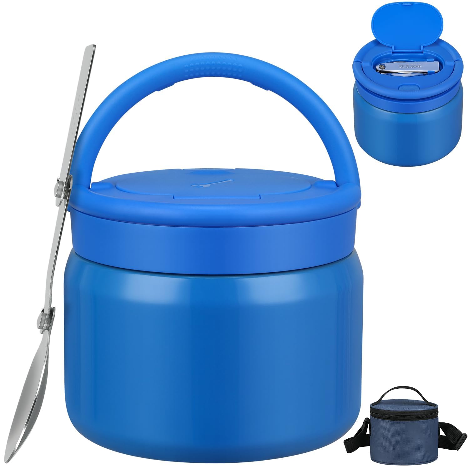2025 Soup Thermo for Hot Food Kids with Insulated Bag, 15oz Vacuum Insulated Food Jar Wide Mouth Leakproof Lunch Container with a Stainless Steel Spoon for School Office, Blue