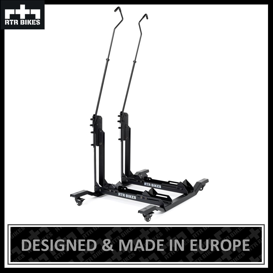 RTR BIKES Double Up Support Vélo Sol Vertical pour 2 Vélos - Râtelier Mobile sur Roulettes - Charge 60kg (2x30kg) idéal VTT & VAE - Gain de Place 0,5m² - Sans Perçage - Made in EU