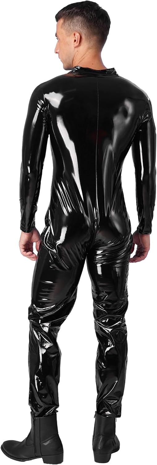 TiaoBug Men's Wet Look Patent Leather Leotard Bodysuit Zipper Crotch Catsuit Jumpsuit Romper Clubwear