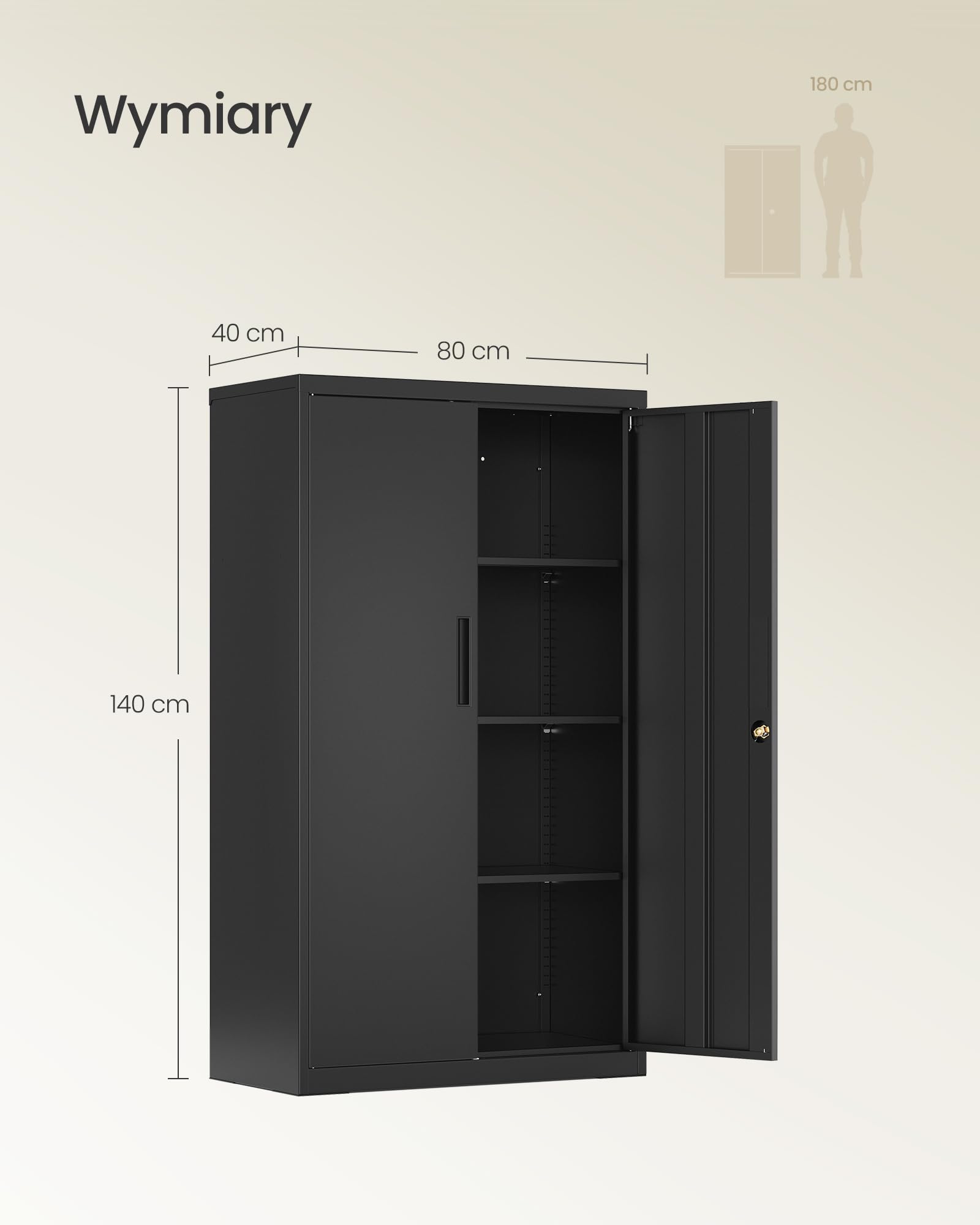SONGMICS OMC020BD01 szafka na akta, metalowa szafka do przechowywania, szafka biurowa, zamykana, z 2 drzwiami, ze stali, 80 x 40 x 140 cm, 3 regulowane półki, matowa czerń
