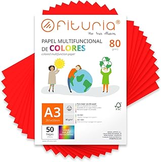 Folios de Colores, Pack 50 Hojas A3 80gr – Papel de Colores para Manualidades, Impresora, Scrapbooking – Folios Colores – Ideal Origami, Papiroflexia, Oficina y Escuela (Rojo, 50h)