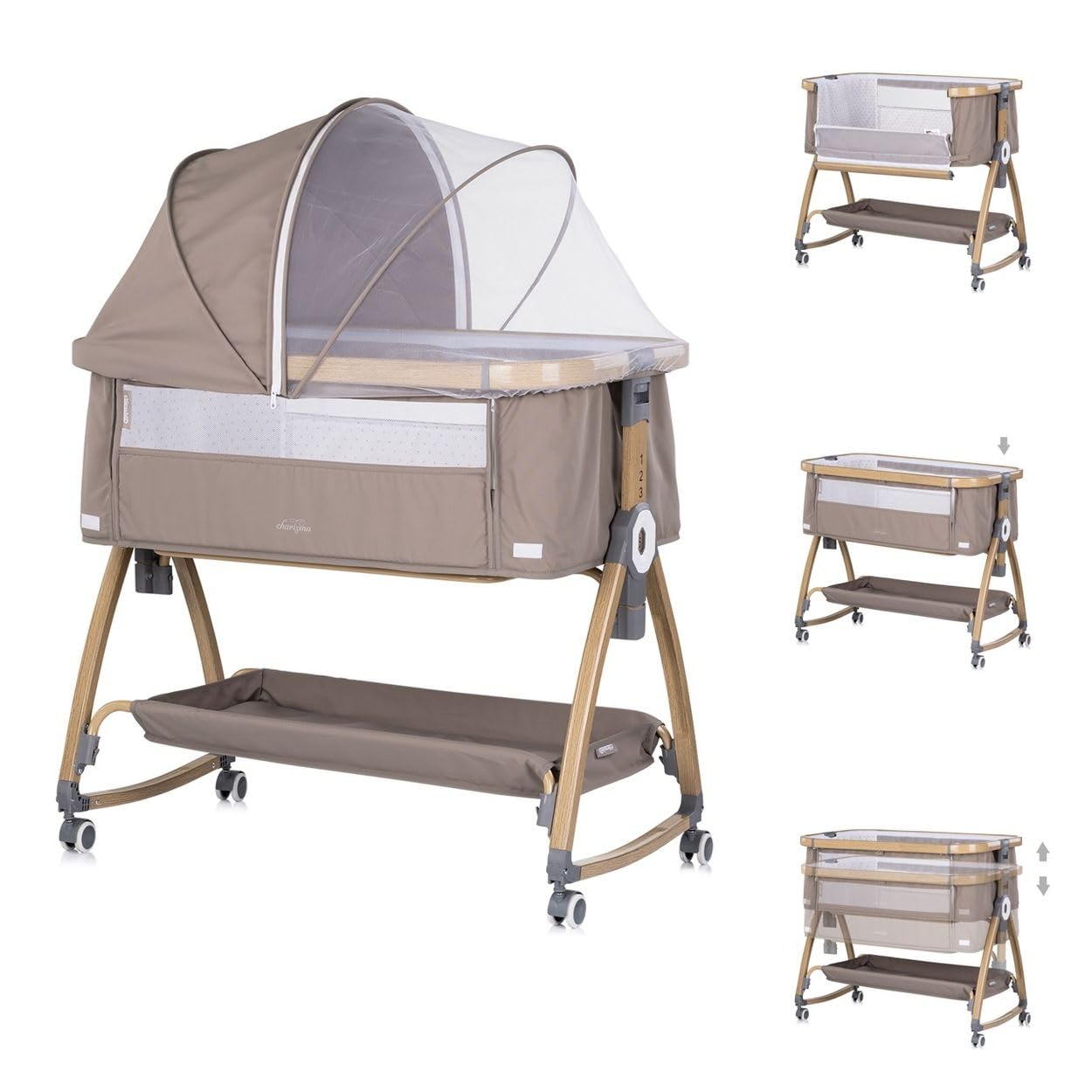 Chipolino Beistellbett Charisma Matratze höhenverstellbar Räder Ablagefach Gurt braun
