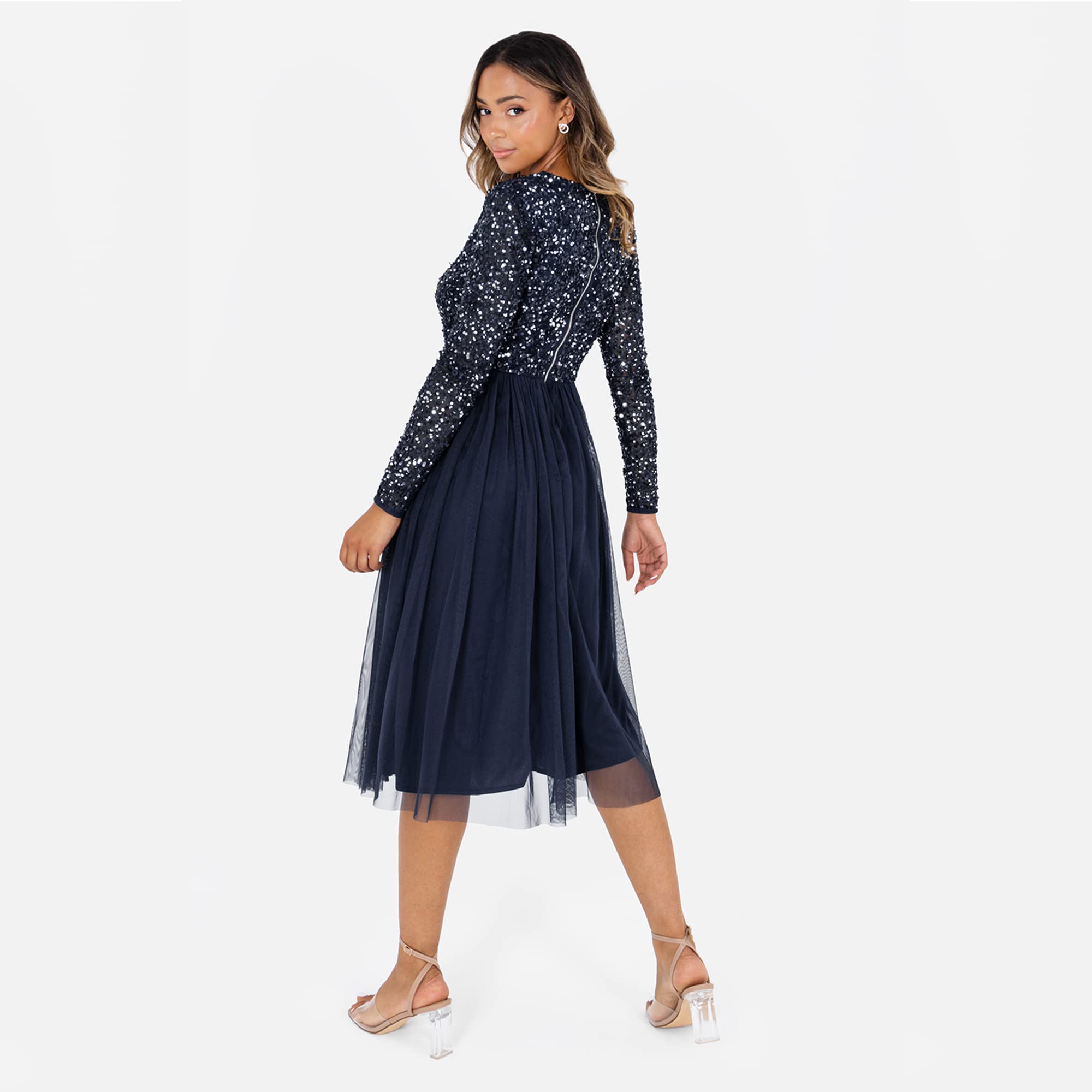 Maya Deluxe Womens Ladies Wedding Guest Midi Dress Long Sleeve Plunging Neckline V Neck Sequin Embellished Graduation Vestito per Damigella d’Onore Donna