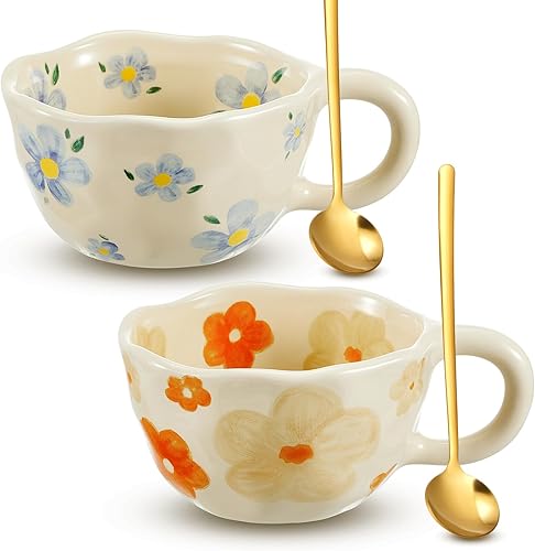 Vesici 2 tazas de café de cerámica con cuchara, tazas florales vintage con asa, 8.5 onzas, taza de té de porcelana estética, regalo para San