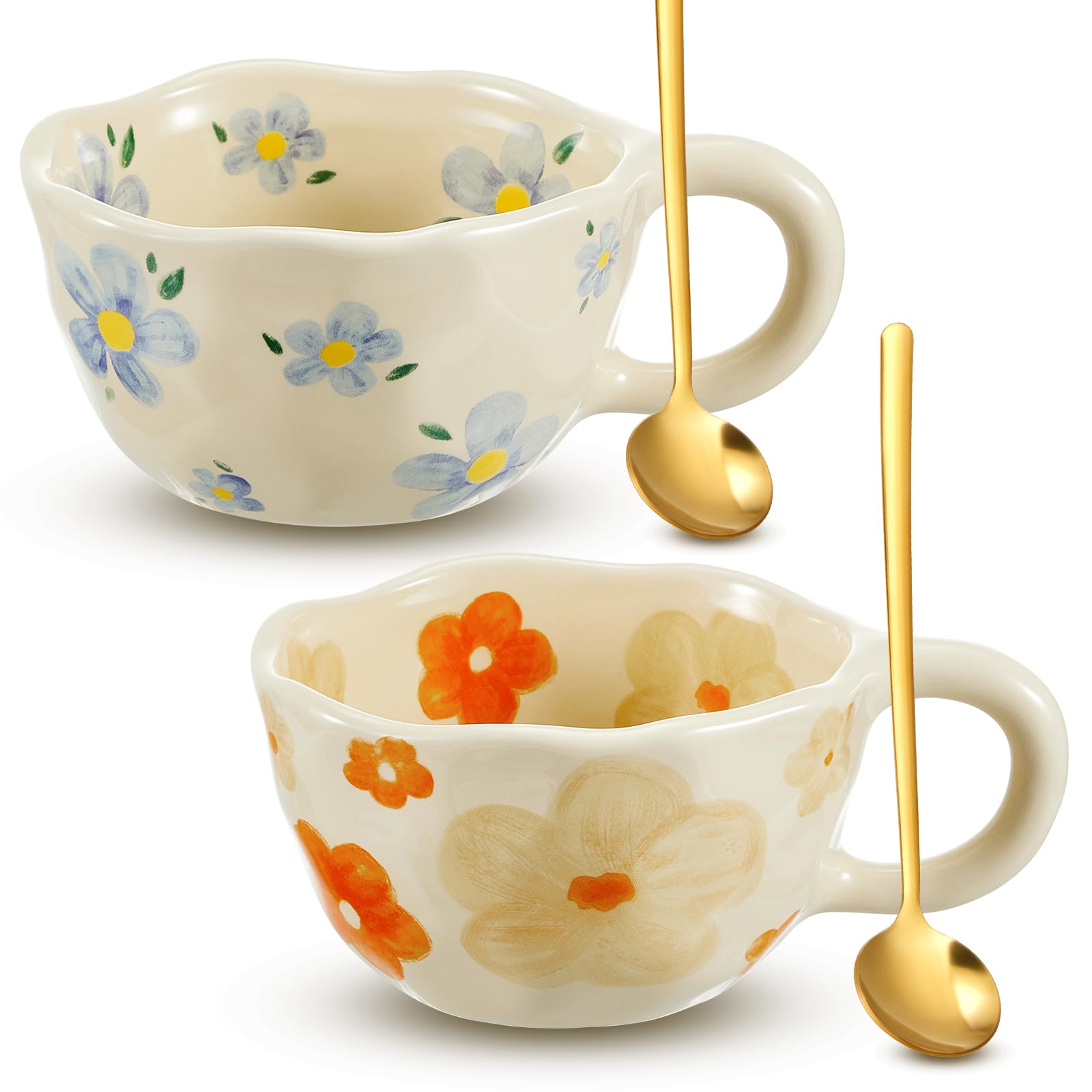 Vesici 2 Pcs Ceramic Coffee Mugs Flower Cups with Spoon Vintage Floral Mugs with Handle 8.5 oz Aesthetic Tea Porcelain Cup Gift for Valentine Office Home, Dishwasher and Microwave Safe(Vivid)