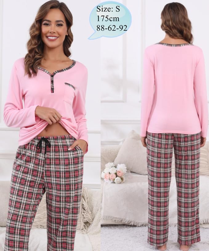 Womens long Sleeve Pajamas Sets 2 Piece Tops and Plaid Pants PJ Set Loungewear Sleepwear with Pockets - Image 2