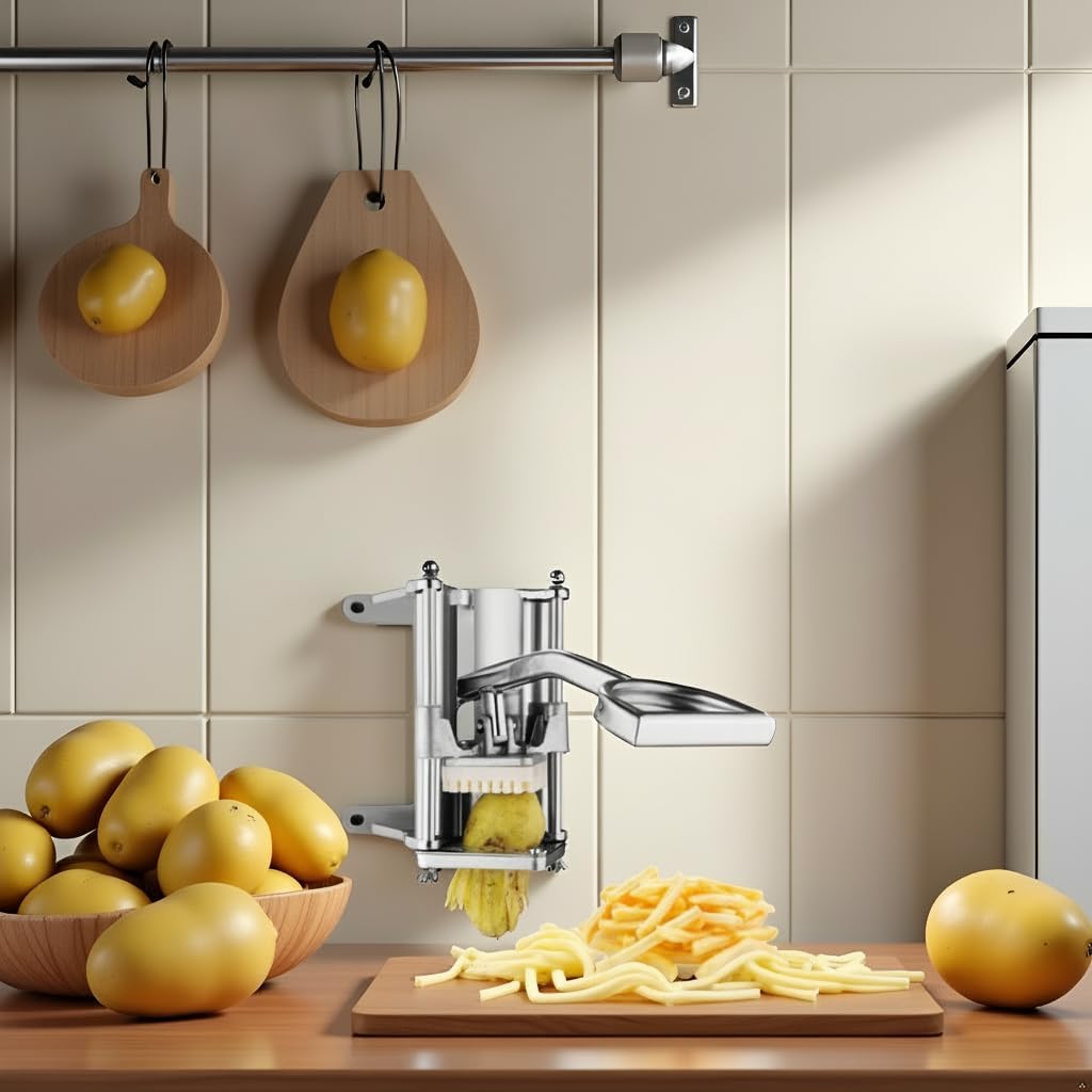 tonchean French Fry Cutter Wall Mount, Commercial Vegetable and Potato Slicer with 1/2in, 1/4in and 3/8in Blades, Stainless Steel Food Cutter for Potatoes Carrots Cucumbers