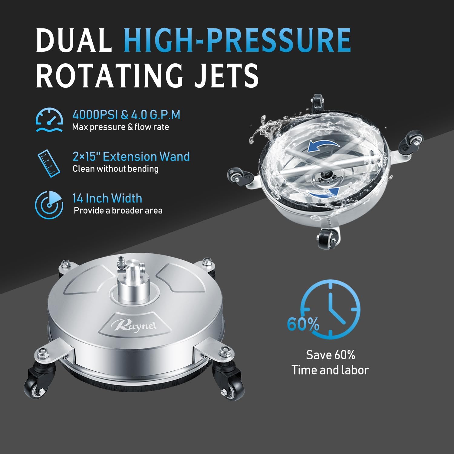 RAYNEL 14'' Pressure Washer Surface Cleaner with 4 Wheels, Stainless Steel Housing, 1/4" Quick Plug, 2 Extended Wands, 2 Replacement Nozzles