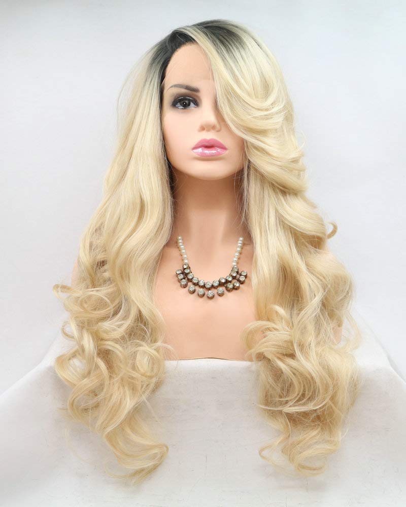 Drag Queen parrucca bionda ombre radici scure sintetiche parrucche anteriori del merletto per le donne ragazze vacanze Festival Cosplay parrucche da sposa capelli lunghi dell'onda