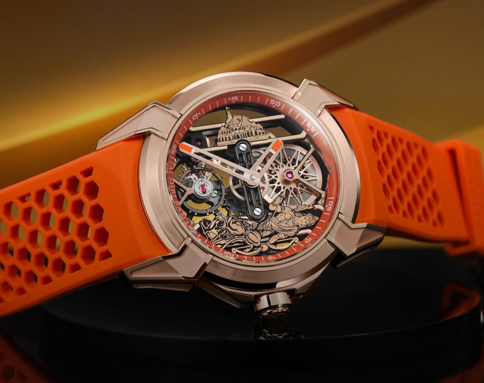 Image of Luxury full Automatic Shree Ram Edition Watch for Men Heavy Open Machine Design with Orange Straps, Shri Ram ji & Hanuman ji Artwork, Ayodhya Mandir Dial | Premium Wrist watch 41mm Bezel [5 Year warranty]