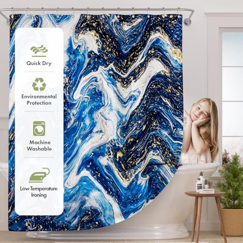 Image of AmazerBath Shower Curtain Blue, Marble Fall Fabric Shower Curtain Sets with 12 Shower Curtain Hooks, Luxury Quality Home Hotel Washable Farmhouse Cloth Shower Curtains for Bathroom Decor, 72x72 Inches
