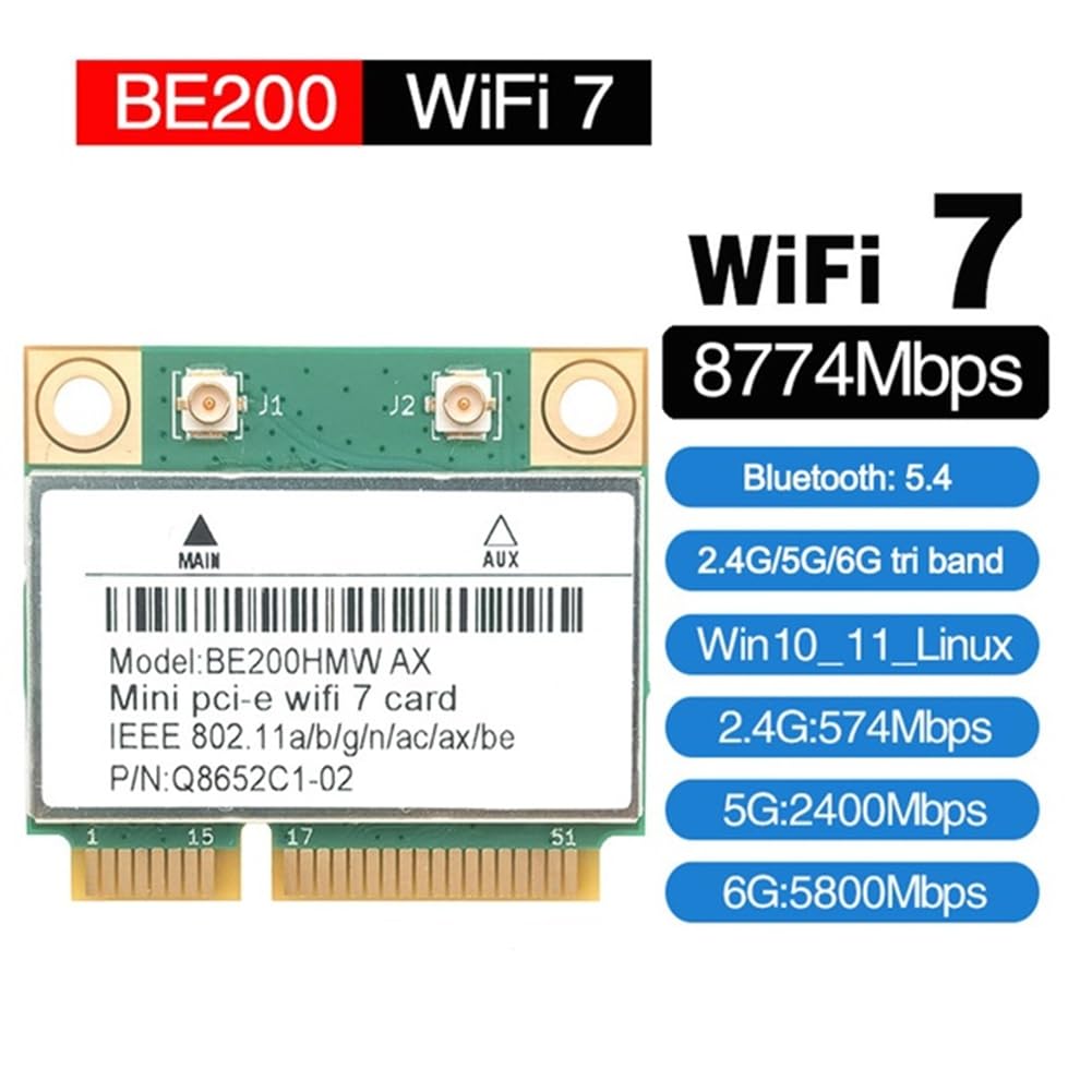 Carte WiFi 7 PCI-E WiFi BE200 BE200HMW 8774 Mbps 2,4 G/5 G/6 GHz pour Adaptateur Réseau Bluetooth 5.4 802.11BE Antenne Externe