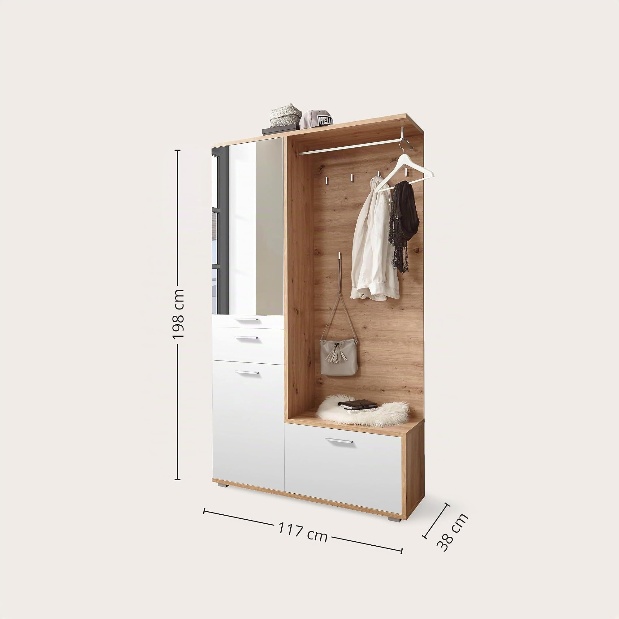 Stella Trading Entra Ensemble de vestiaire d'entrée en Aspect chêne Artisan, Blanc - Vestiaire Compact stylé avec Miroir pour Votre entrée - 117 x 198 x 38 cm (L/H/P)
