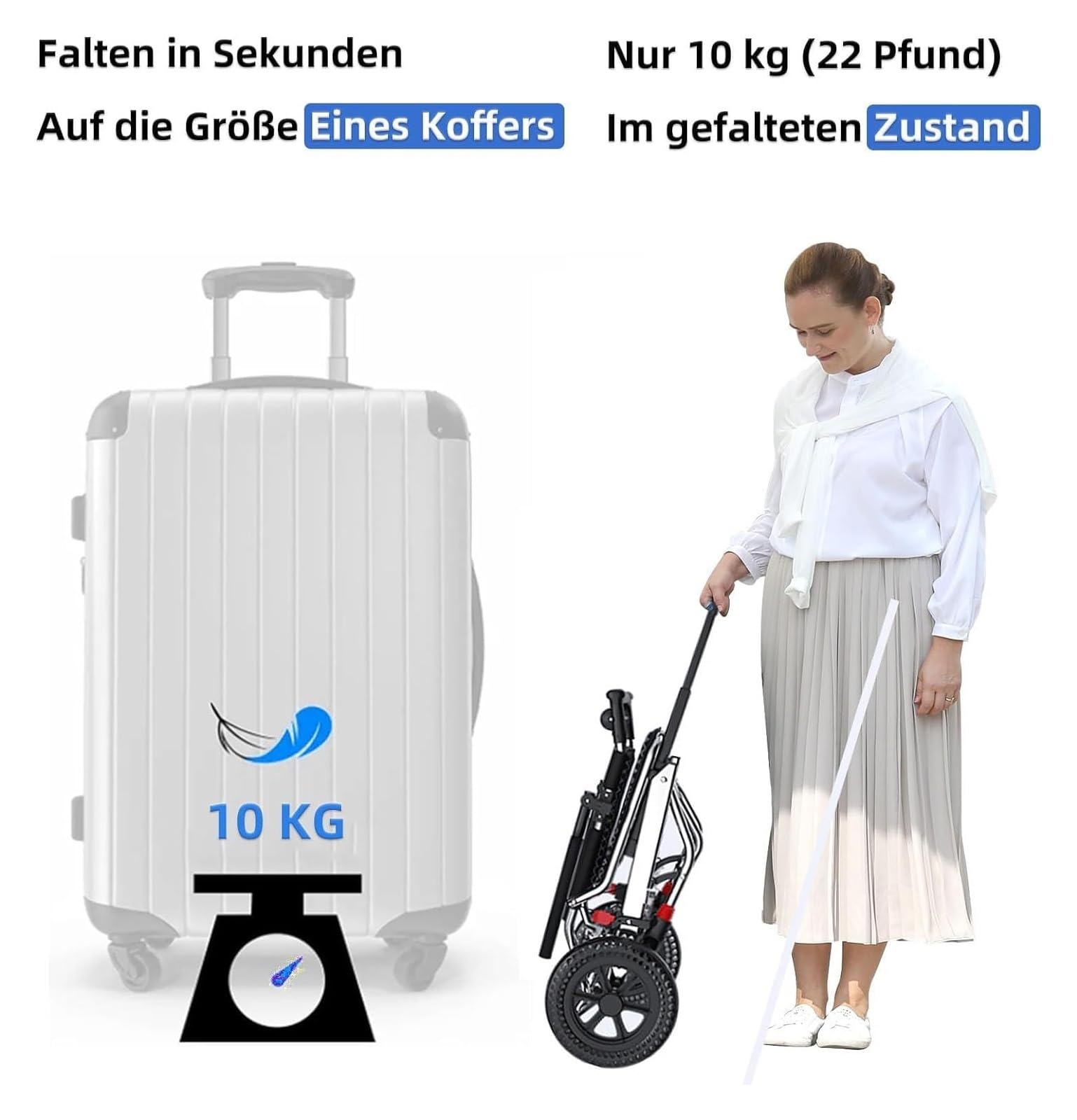Sedia a rotelle da Viaggio，Sedie Pieghevoli， Sedia a rotelle Pieghevole in Alluminio Leggero con braccioli reversibili Rollator Pieghevole e Leggero