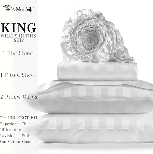Miniatura 4 de URBANHUT Juego de sábanas de 800 hilos de algodón egipcio, damasco, a rayas, tamaño King (4 unidades), ultrasuaves y lisas, tejido satinado, sábanas