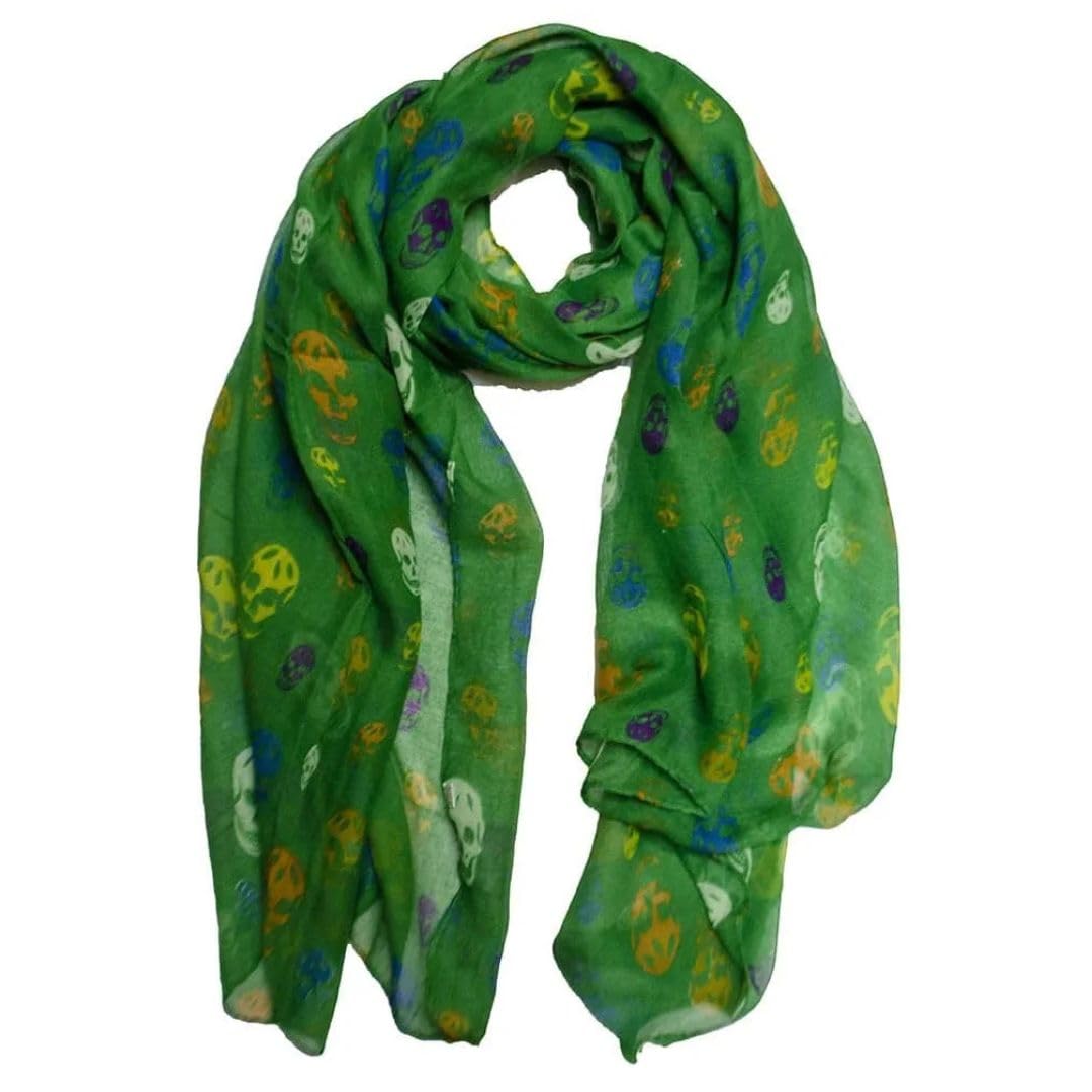 Love Emvy Women's Green Colourful Skulls Lightweight Scarf – Soft 100% Viscose Wrap – Bright All-Season Accessory For (Green)