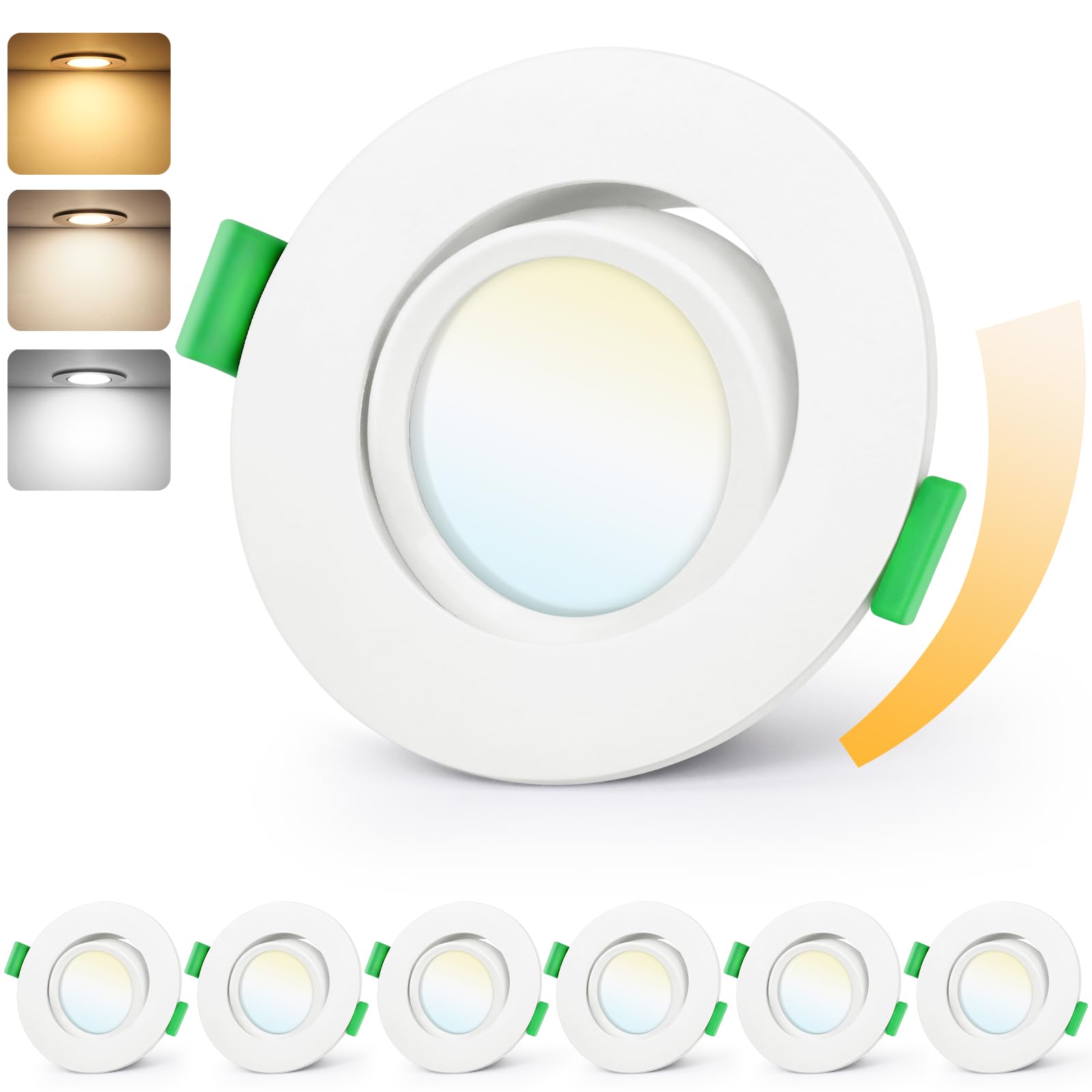 GeyouLux LED Einbaustrahler 230V Dimmbar 68mm, 5W IP44 Deckenspots, 45° Schwenkbar Einbauleuchten, 2700K Warmweiß 4000K Neutralweiß 6000K Kaltweiß Ultra Flach Einbauspots für Badezimmer 6er Set Weiß