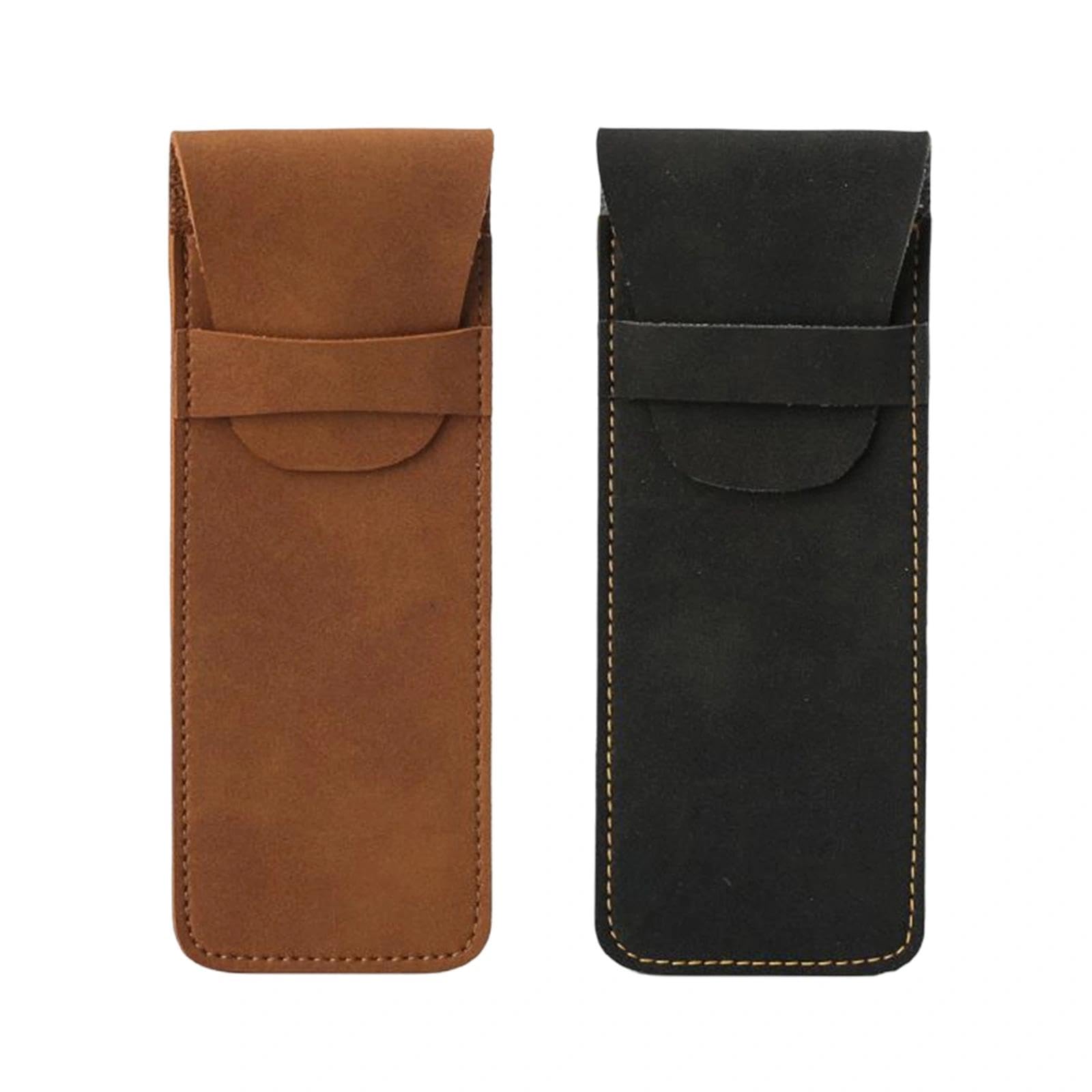 Livawnd 2 Pieces PU Leather Pen Case, Handmade Pen Protective Case, Watch Strap Closure, Portable for Pencils Ballpoint Pens, Black and Brown