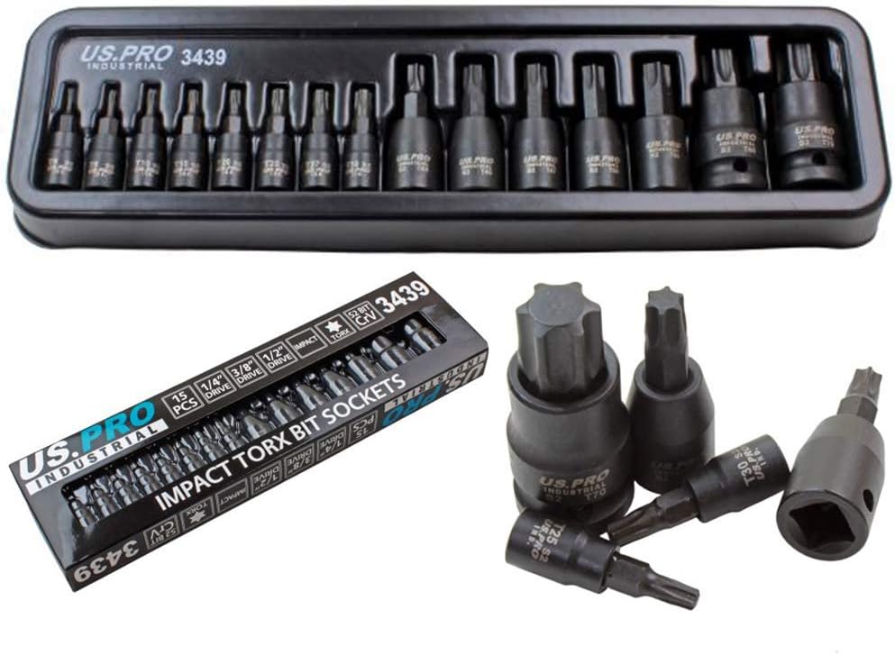 US Pro 15pc Impact Torx Bit Socket Set 1/4 3/8 1/2 T6-T70 TRX-Star Industrial