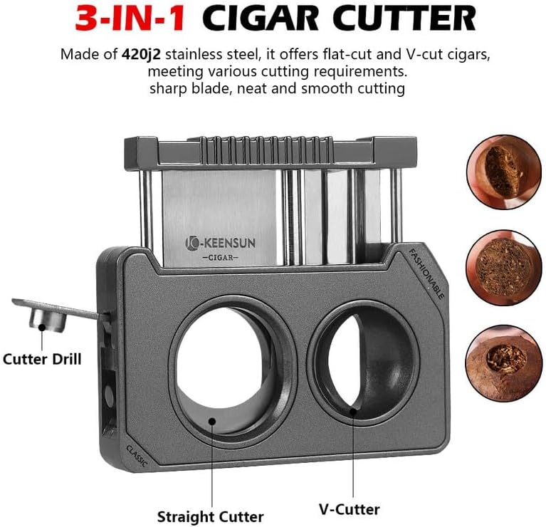 KEENSUN 3 in 1 Matte Metal Cigar Cutter, Dual Blade Straight & V Cut Cigar Guillotine with Hidden Cigar Punch Drill, Solid Zinc Alloy Portable Cigar Cutter Tool, Luxury Cigar Accessory Gift for Men image 3