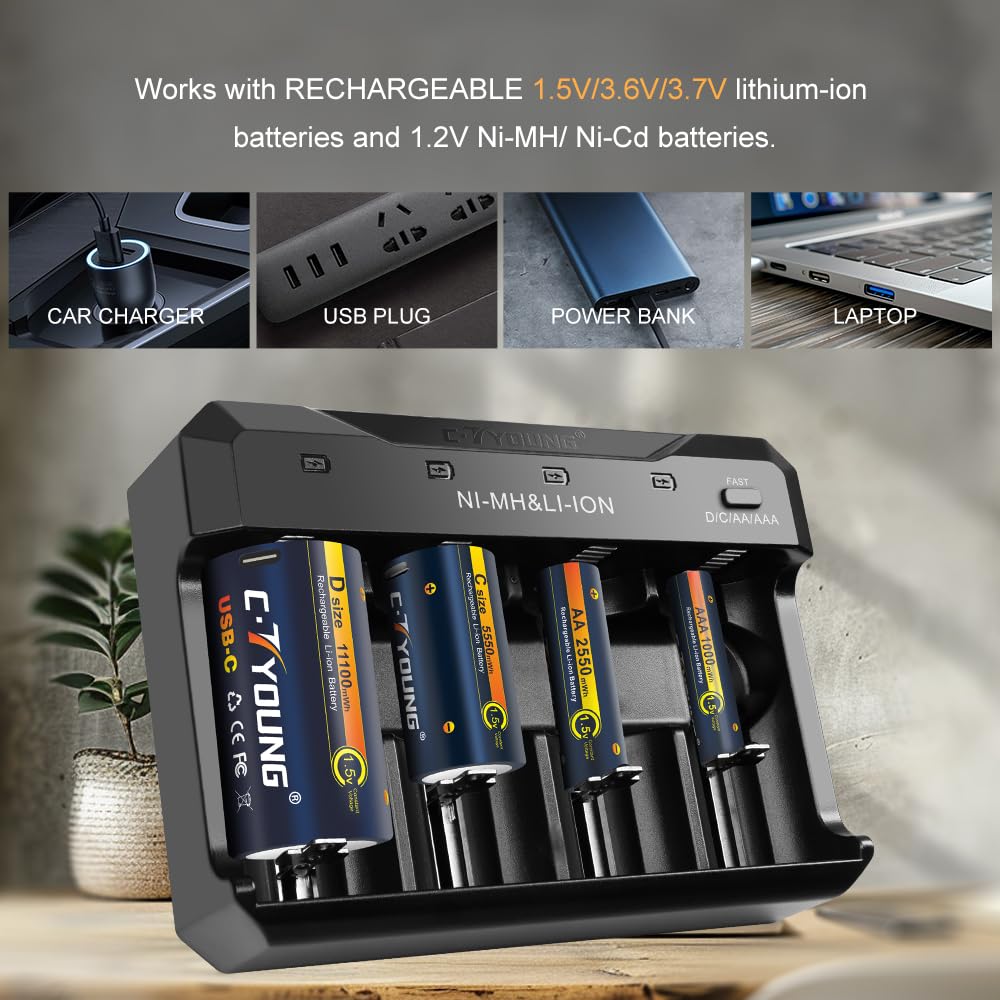 Lot de 4 piles C rechargeables au lithium 1,5 V USB 5500 mWh