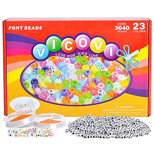 Vicovi 3640+Pcs Pony Beads Kit For Bracelet Jewelry Making, Hair Beads, Include 23 Colors Rainbow Beads(9Mm), 520 Letter Beads, 50 Color Beads, 90 Heart & Heart Beads And 2 Rolls Elastic String. #TOP1