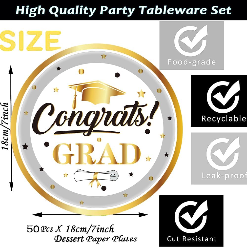 50Pcs White & Gold Graduation Party Supplies 2025,White and Gold Party Plates 7"Graduation Party Plates for Glitter Congrats School College Kindergarten High Graduation Party Decorations (White)