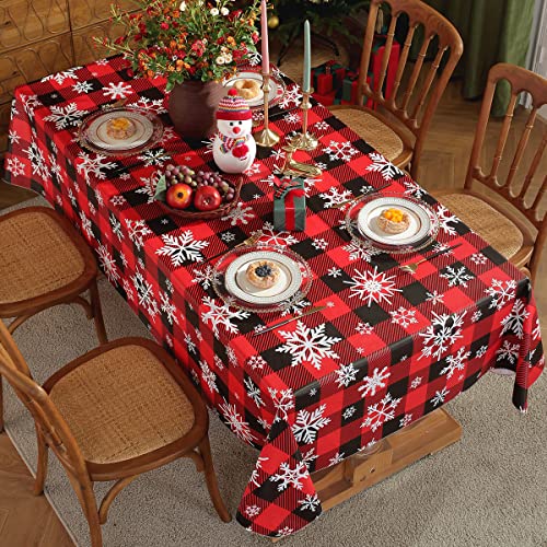 SASTYBALE Christmas Tablecloth Rectangle Vinyl with Flannel Backing, Buffalo Plaid Snowflake Print, Waterproof & Heavy Duty Plastic Table Cover for Dining, Party, Holiday, 52 x 70 Inch Red and Black – Image 3