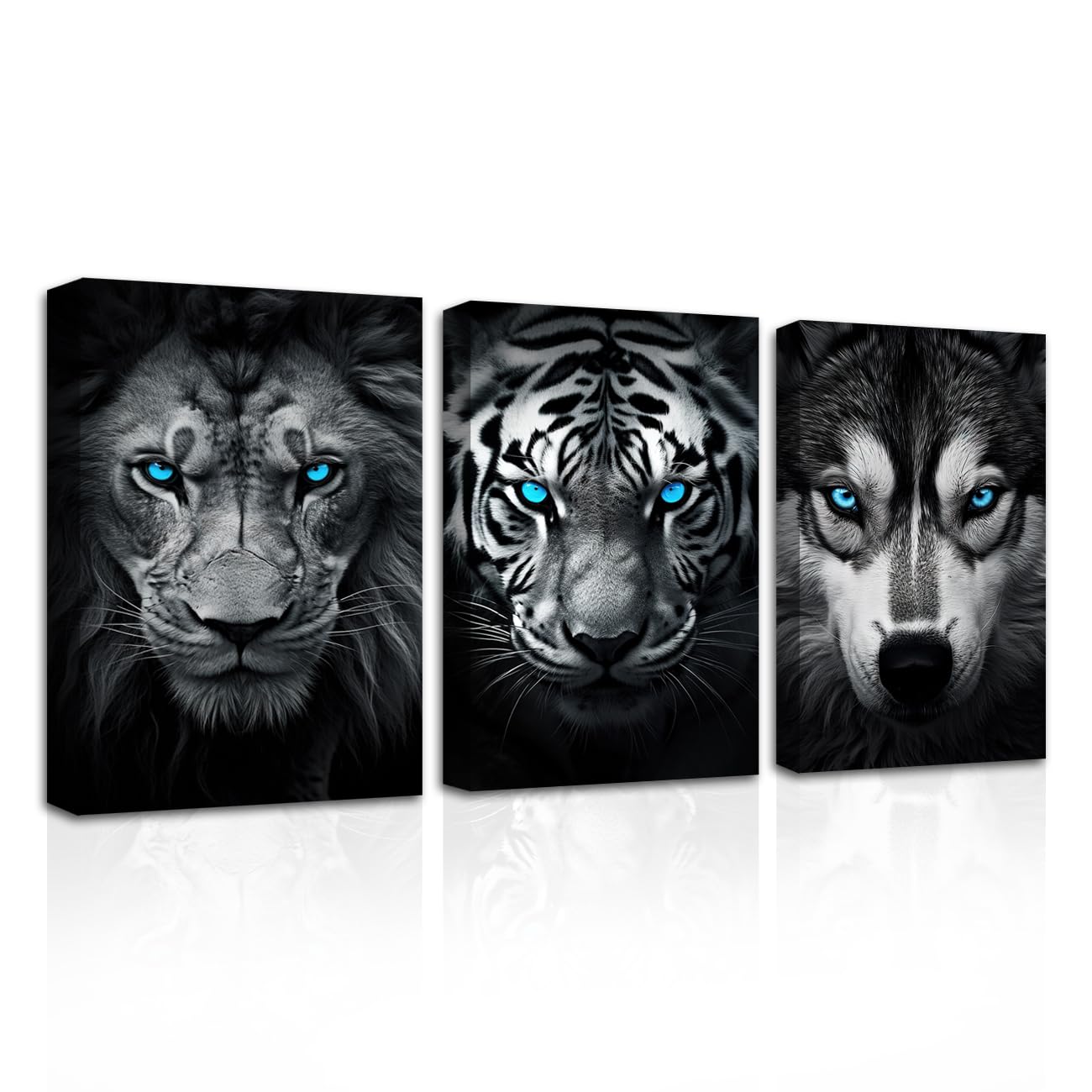 CXHOSTENT Black and White Animals Wall Art 3 Piece Tiger Lion Wolf Head with Blue Eyes Paintings Canvas Prints Wildlife Artwork Framed Office Decor (Animal-2, 28.00 x 35.00 cms x 3PCS) โ image 1