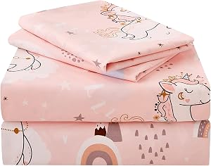 JSD Pink Moon Unicorn Kids Sheet Set Full 4 Piece, Cute Printed Microfiber Bed Sheets for Girls Deep Pocket