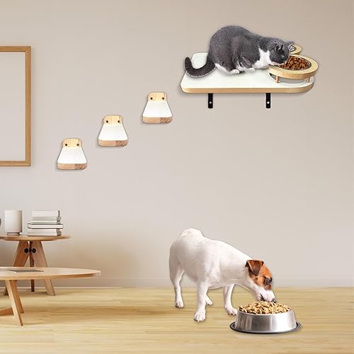 Miniatura 4 de Estante de escalada para gatos, plataforma única para montar en la pared con valla, 3 escalones, 2 cuencos de comida, superficies de felpa suave,