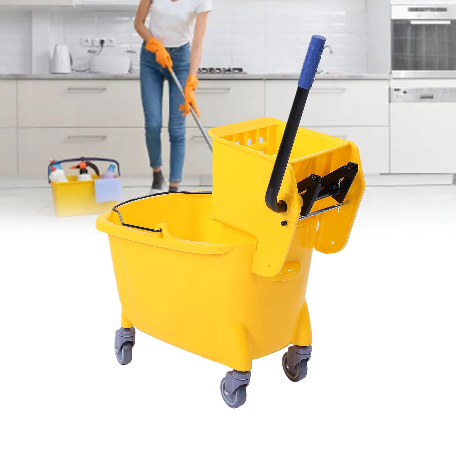 Cubo para Fregona Comercial de 32 litros, Cubo para Fregona Industrial con Ruedas y Asa, para para Limpieza de Pisos con Escurridor Lateral para Restaurante,