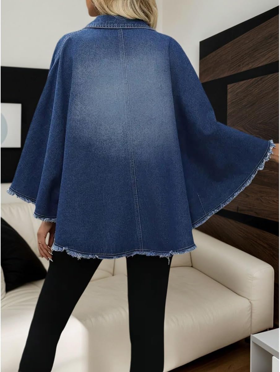 EyeWink Women's Oversized Denim Cape Jacket Collared Zip Front Frayed Raw Hem Casual Loose Fit Tunic With Pocket