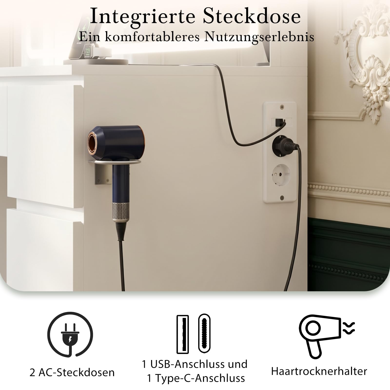 Devoko Schminktisch mit Beleuchtung und Hocker, 115cm Schminktisch mit Spiegel, 7 Schubladen & Steckdose, Moderner Frisiertisch mit LED Licht, Makeup Tisch mit Stuhl, Weiß