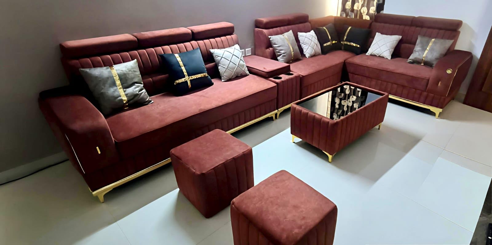 Taxzek Luxury 8+2 Sectional Sofa Set with Channel Tufting, Burgundy Velvet, Gold Accents, Decorative Cushions and Storage Table-image-35