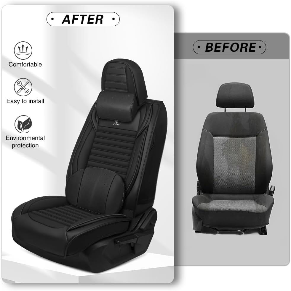 Car Seat Covers Fit for Kia Soul 2010-2025 Leather Seat Cover, Storage Pocket, Non-Slip Backing, Zipper Design, Air-Bag Compatible(Black, 2 Pcs Front with Pillow)