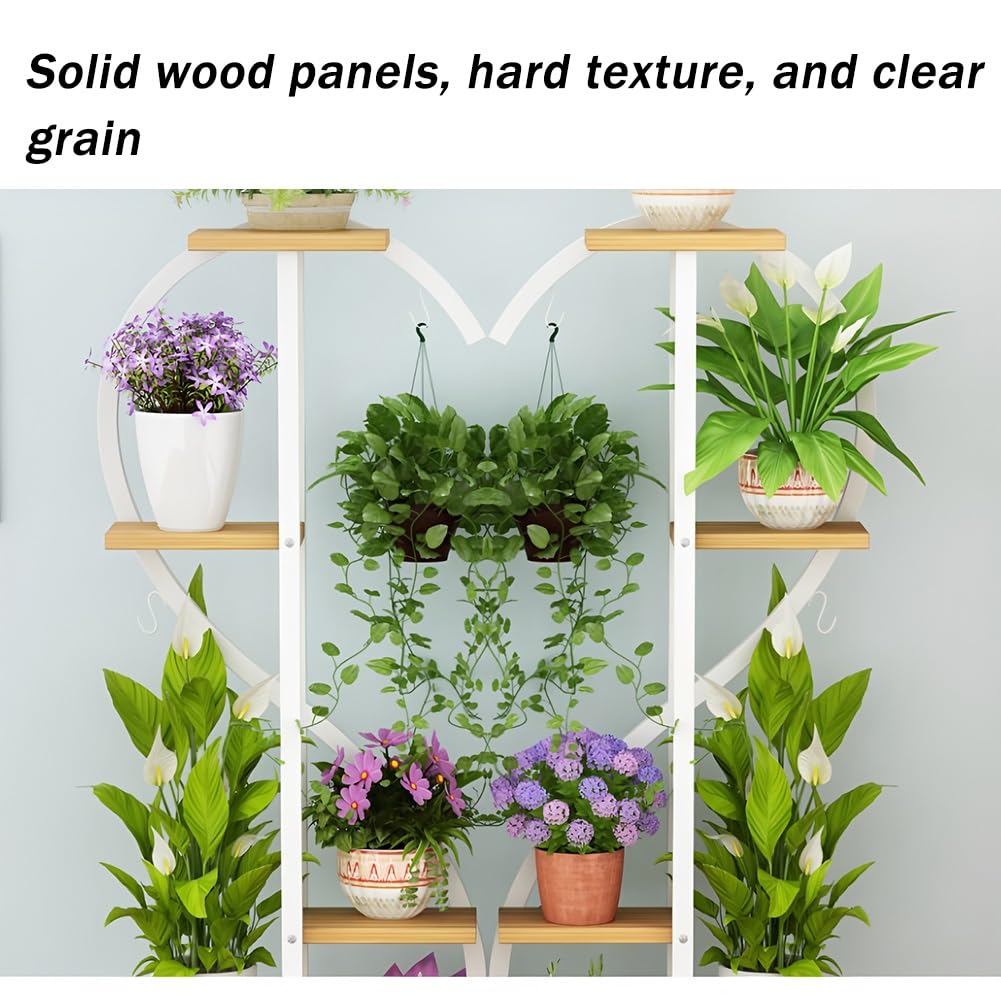 Support d'angle en métal à 5 niveaux avec plusieurs planches en bois et crochets, pour plantes en pot et suspendues, présentoir peu encombrant pour salon, terrasse, balcon, chambre à coucher
